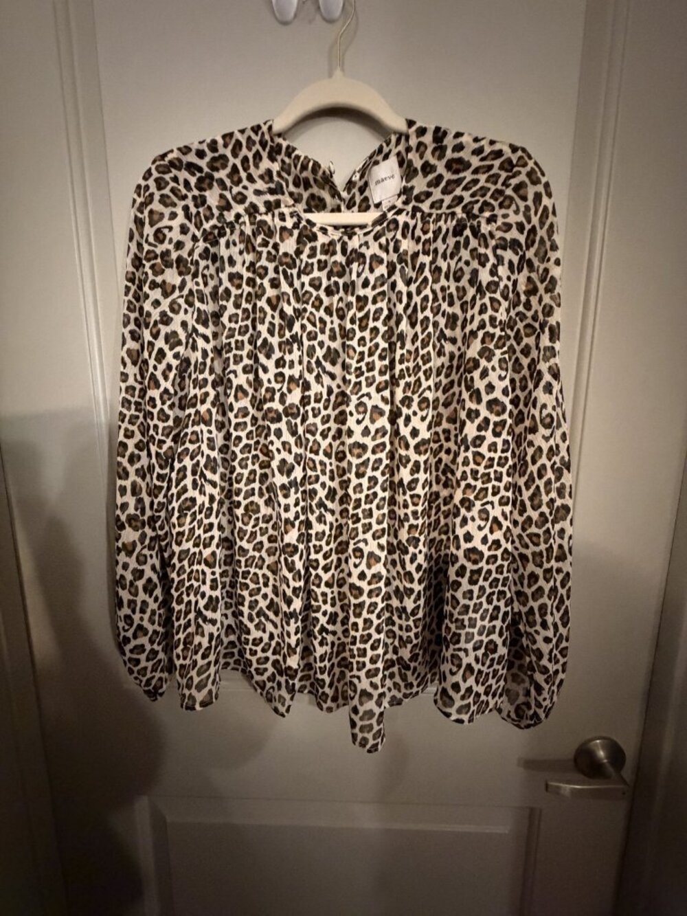 Maeve Cream Leopard Print Long Sleeve Blouse Size S